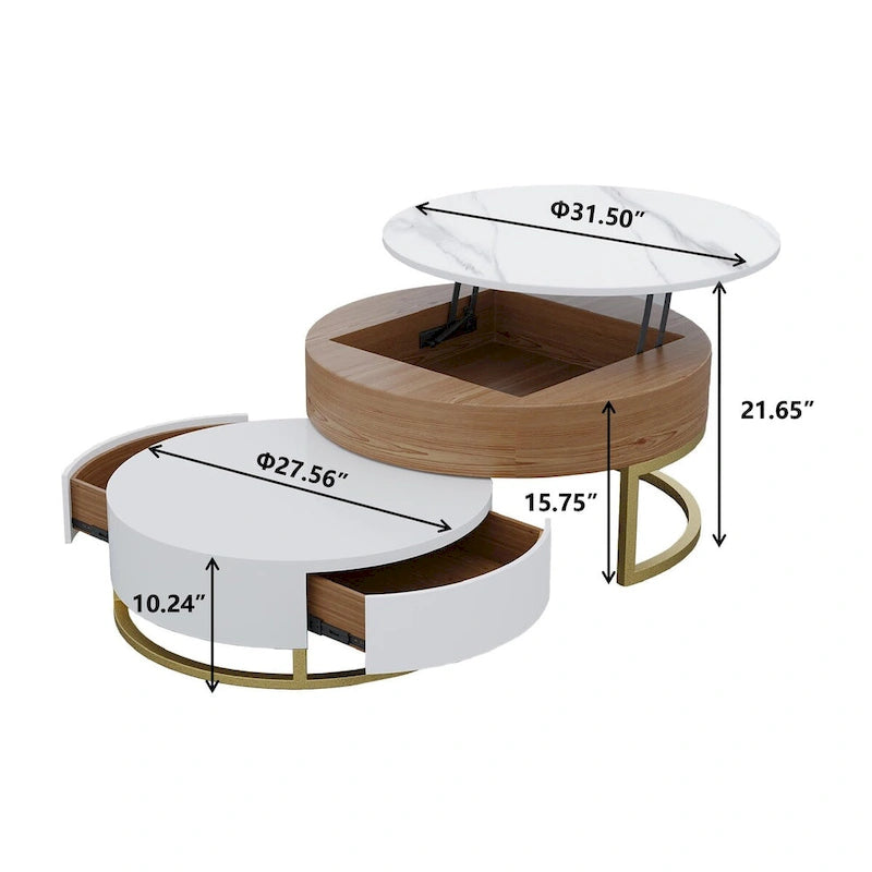 Round Wood Lift-top Nesting Coffee Table with Rotatable Drawers