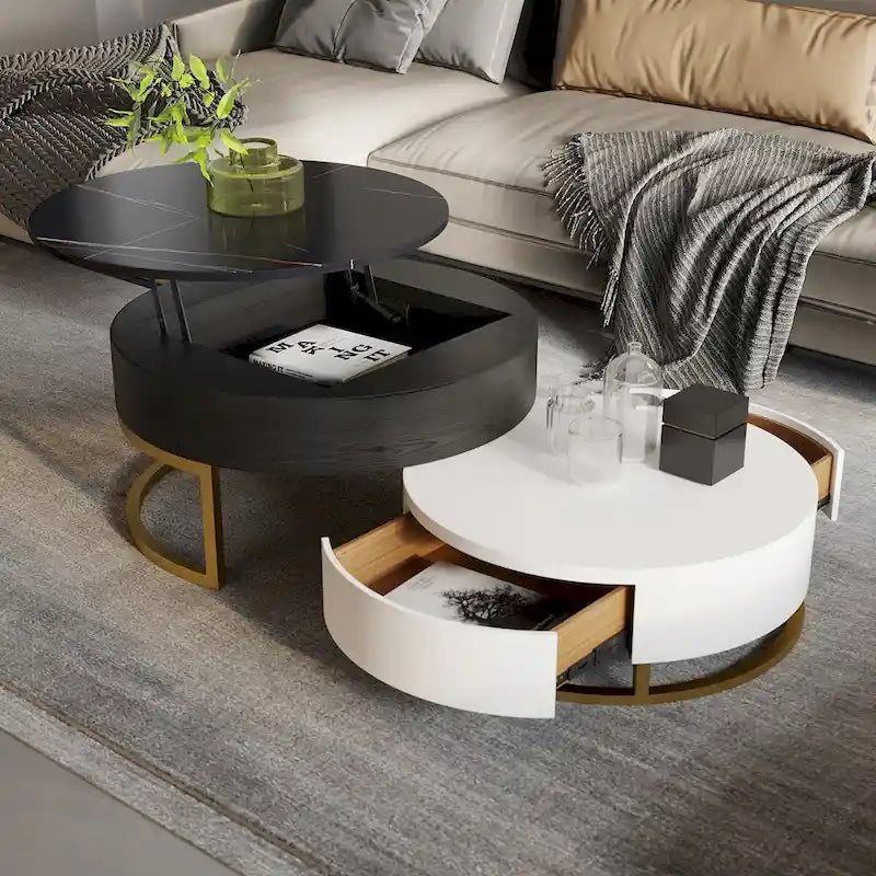 Round Wood Lift-top Nesting Coffee Table with Rotatable Drawers