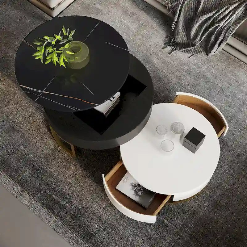 Round Wood Lift-top Nesting Coffee Table with Rotatable Drawers