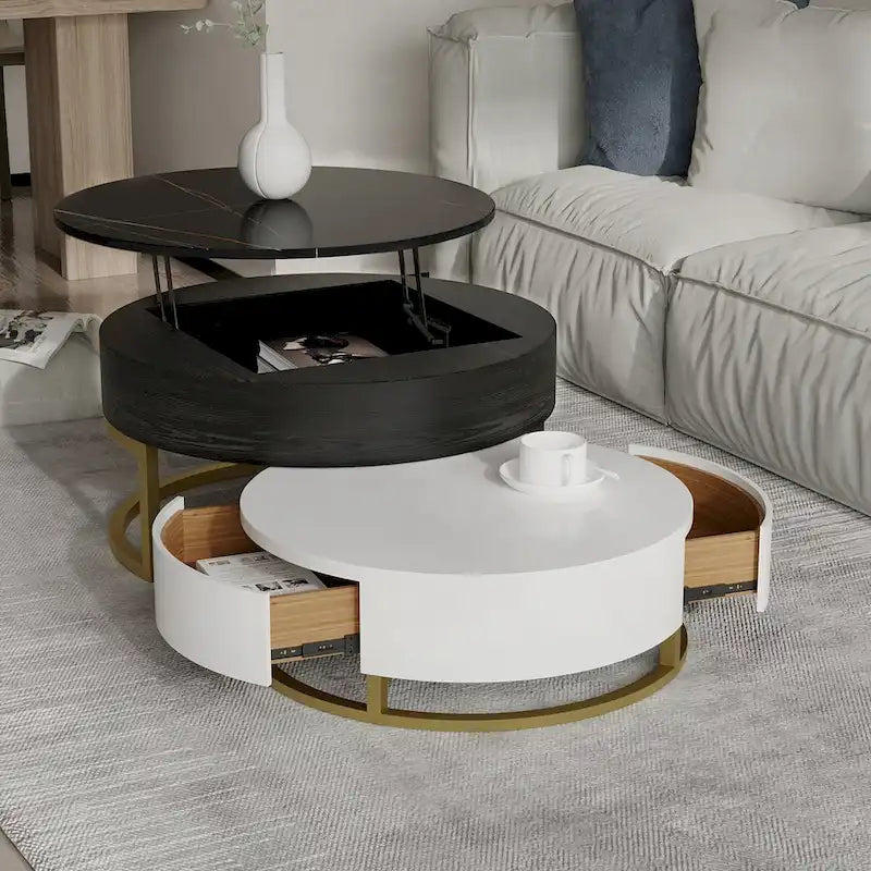 Round Wood Lift-top Nesting Coffee Table with Rotatable Drawers
