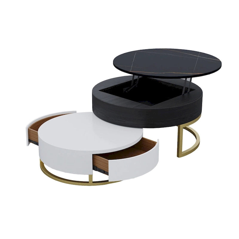 Round Wood Lift-top Nesting Coffee Table with Rotatable Drawers