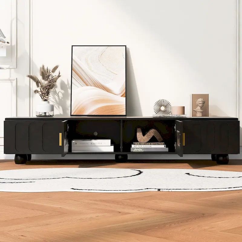 Modern TV Stand with Glass Door 2 Drawers and Cabinets for TVs up to 80 Inches