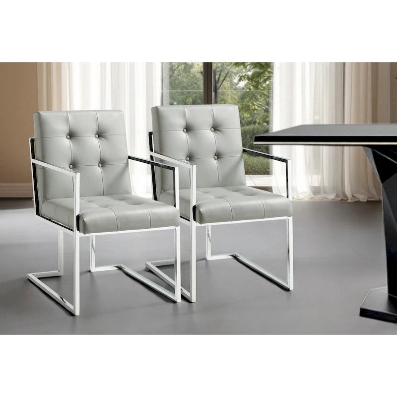 HomeRoots Set of Two Tufted Light Gray and Silver Metallic Upholstered Faux Leather Dining Arm Chairs