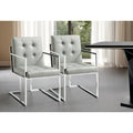 HomeRoots Set of Two Tufted Light Gray and Silver Metallic Upholstered Faux Leather Dining Arm Chairs