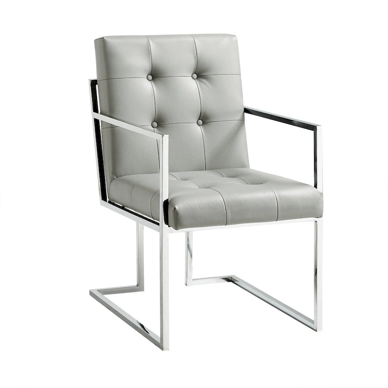 HomeRoots Set of Two Tufted Light Gray and Silver Metallic Upholstered Faux Leather Dining Arm Chairs