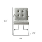 HomeRoots Set of Two Tufted Light Gray and Silver Metallic Upholstered Faux Leather Dining Arm Chairs