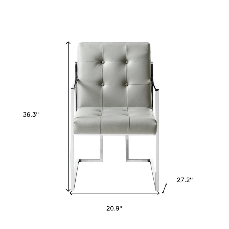 HomeRoots Set of Two Tufted Light Gray and Silver Metallic Upholstered Faux Leather Dining Arm Chairs