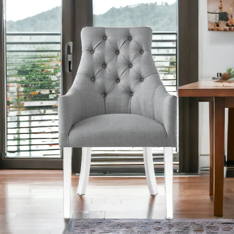 HomeRoots Set of Two Tufted Light Gray and Clear Upholstered Linen Dining Arm Chairs