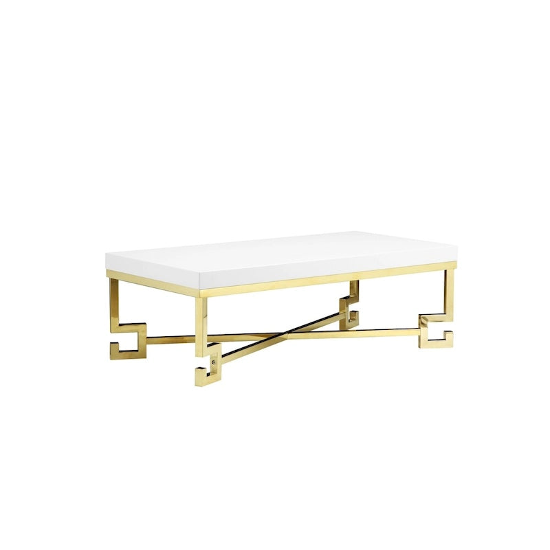 Wooden Coffee Table with Designer Metal Feet and X Crossed Support, White and Gold