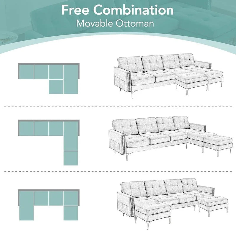 L-Shape Convertible Sectional Sofa Couch, Living Room Sectional with Movable Ottoman for Living Room, Apartment, Office