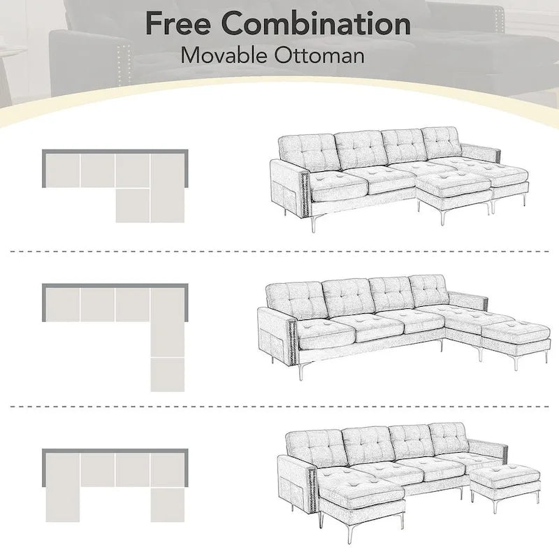 L-Shape Convertible Sectional Sofa Couch, Living Room Sectional with Movable Ottoman for Living Room, Apartment, Office