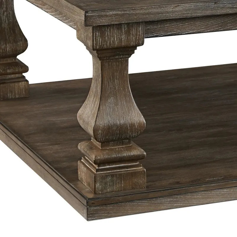 Classic 54 Inch Coffee Table, Baluster Legs, Spacious Top, Weathered Gray