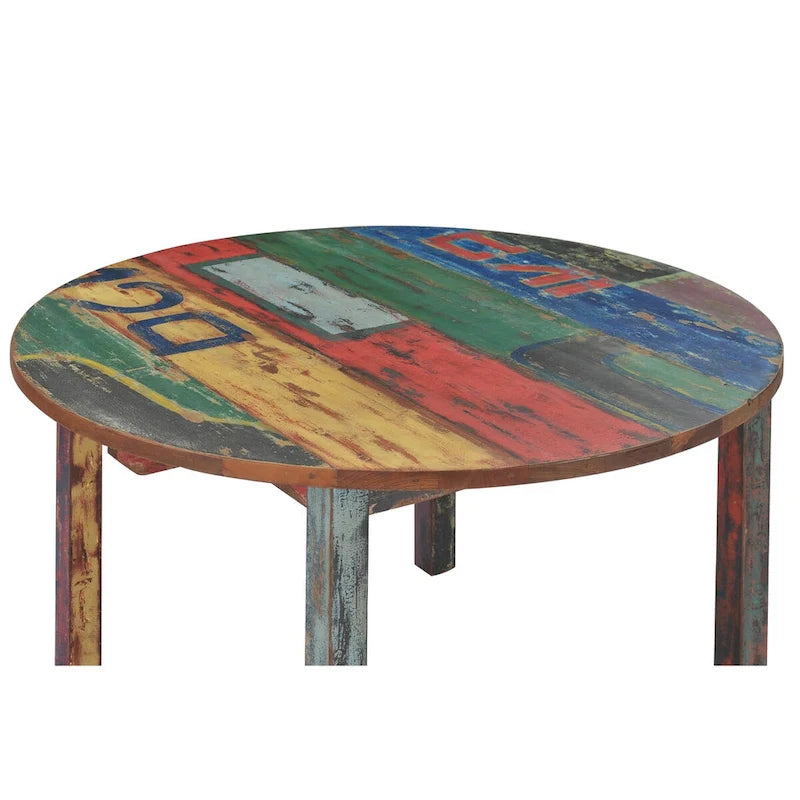 Chic Teak Round Dining Table made from Recycled Teak Wood Boats, 48 inch - Multi