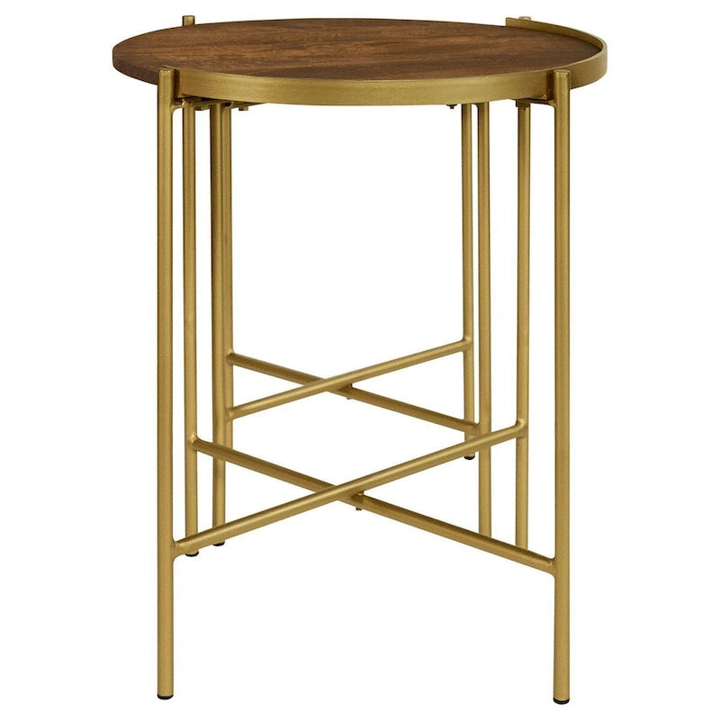 2 Piece Round Nesting Tables, Gold Iron, Modern Mango Wood, Warm Brown