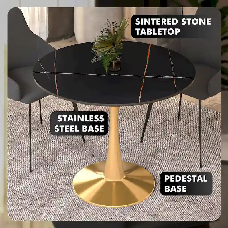 Bristol 31  Round Dining Table for 4 with Sintered Stone Tabletop in Gold Steel Base for Kitchen & Dining Room