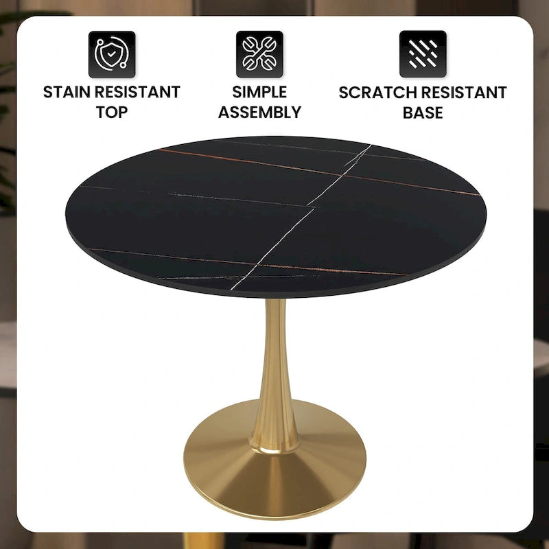 Bristol 31  Round Dining Table for 4 with Sintered Stone Tabletop in Gold Steel Base for Kitchen & Dining Room