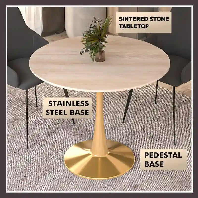 Bristol 31  Round Dining Table for 4 with Sintered Stone Tabletop in Gold Steel Base for Kitchen & Dining Room