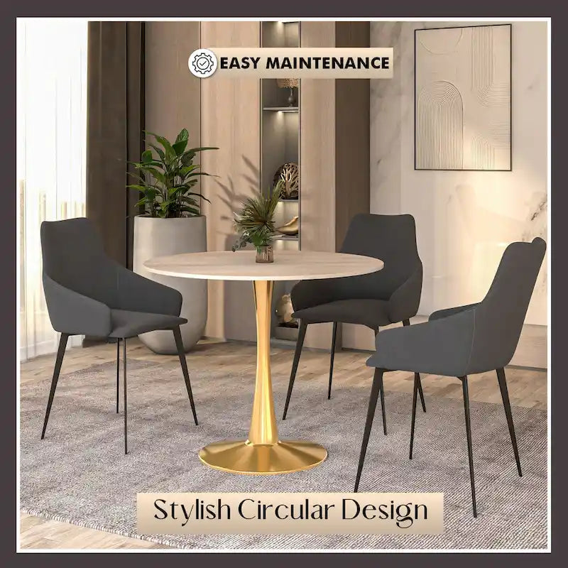 Bristol 31  Round Dining Table for 4 with Sintered Stone Tabletop in Gold Steel Base for Kitchen & Dining Room
