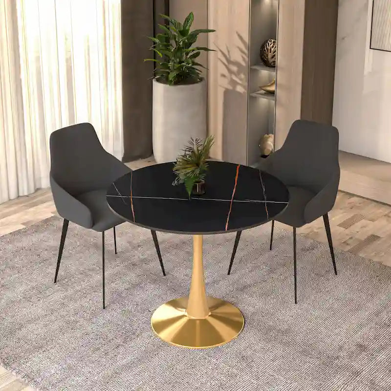 Bristol 31  Round Dining Table for 4 with Sintered Stone Tabletop in Gold Steel Base for Kitchen & Dining Room