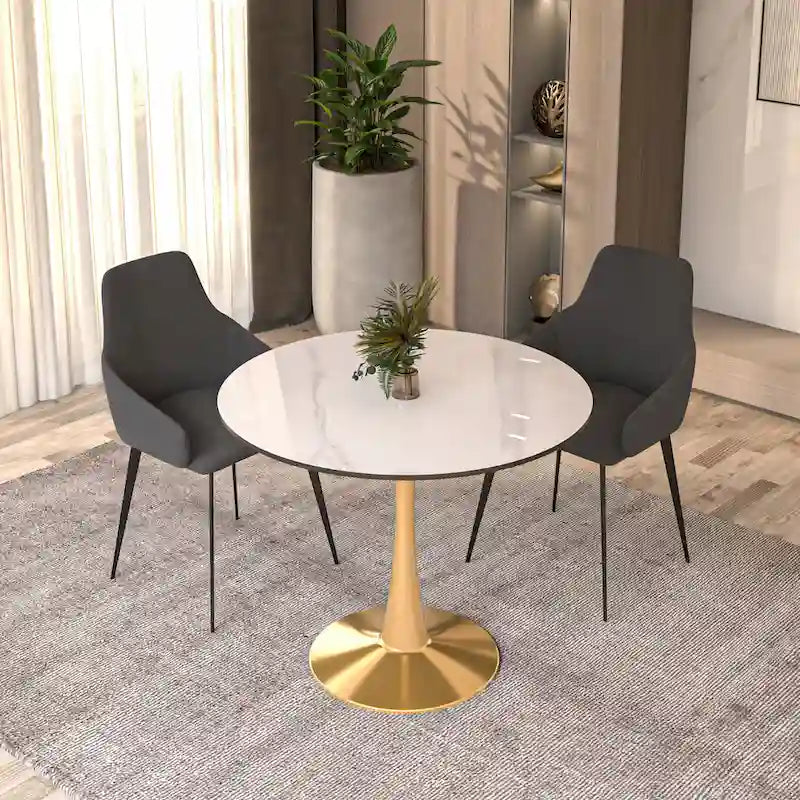 Bristol 31  Round Dining Table for 4 with Sintered Stone Tabletop in Gold Steel Base for Kitchen & Dining Room