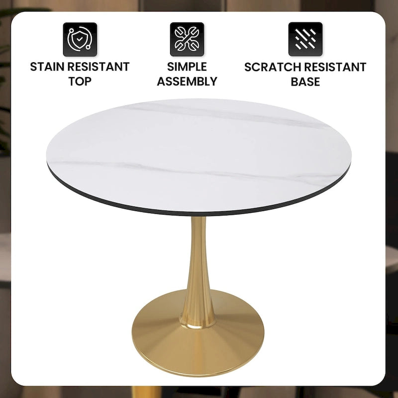 Bristol 31  Round Dining Table for 4 with Sintered Stone Tabletop in Gold Steel Base for Kitchen & Dining Room