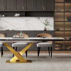 9 - Piece 94.48  Rectangular Extendable Sintered Stone Dining Table with 8 Faux leather Chairs Dining Set