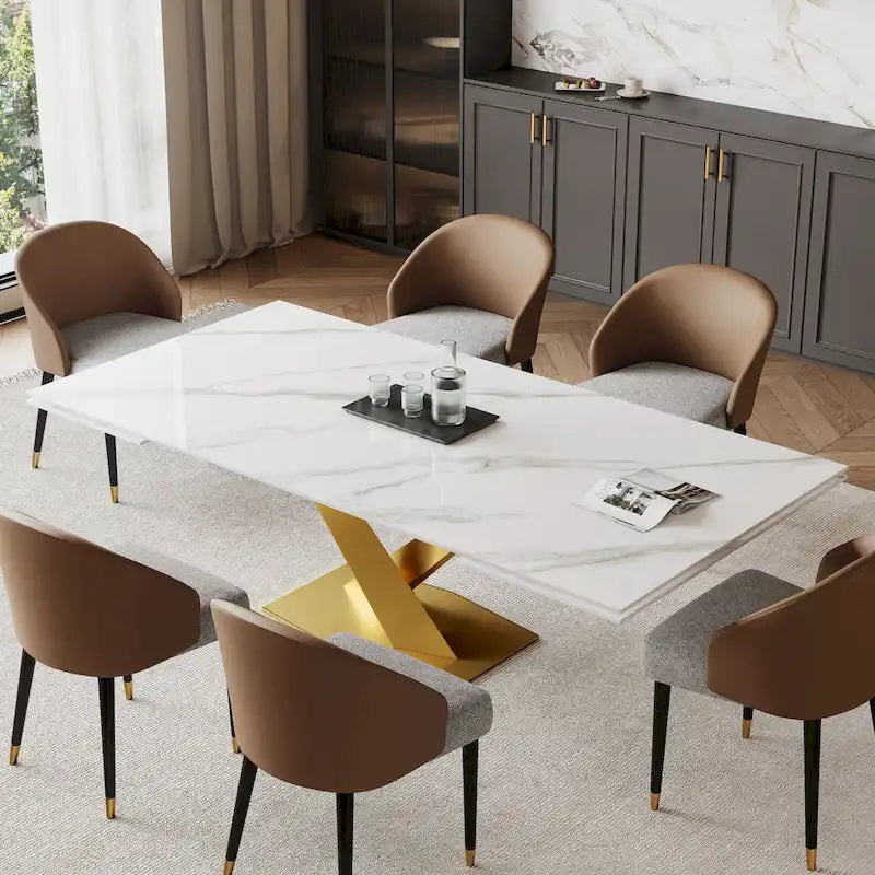 9 - Piece 94.48  Rectangular Extendable Sintered Stone Dining Table with 8 Faux leather Chairs Dining Set
