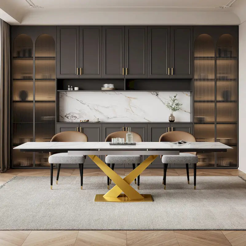 9 - Piece 94.48  Rectangular Extendable Sintered Stone Dining Table with 8 Faux leather Chairs Dining Set