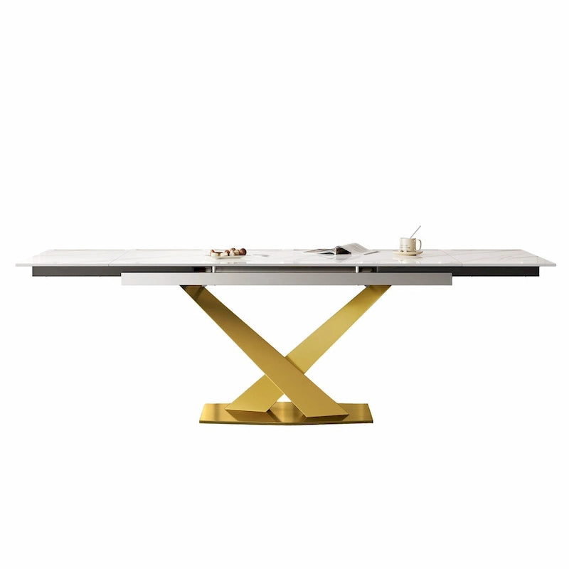 9 - Piece 94.48  Rectangular Extendable Sintered Stone Dining Table with 8 Faux leather Chairs Dining Set