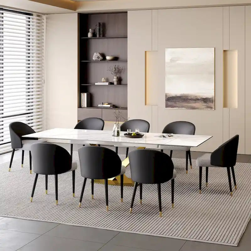 9 - Piece 94.48  Rectangular Extendable Sintered Stone Dining Table with 8 Faux leather Chairs Dining Set