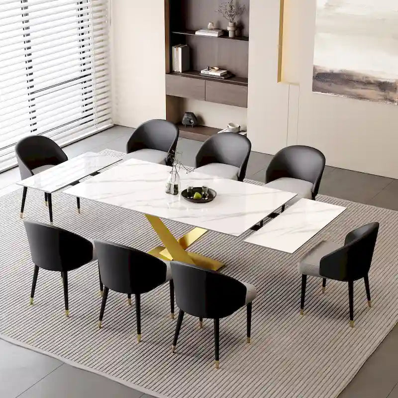 9 - Piece 94.48  Rectangular Extendable Sintered Stone Dining Table with 8 Faux leather Chairs Dining Set