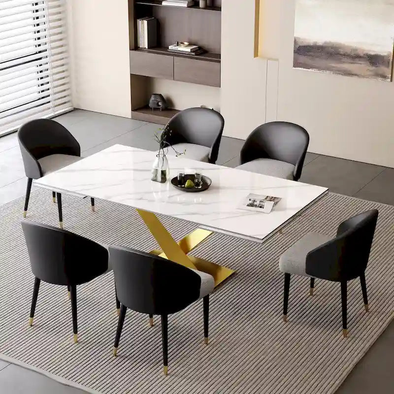 9 - Piece 94.48  Rectangular Extendable Sintered Stone Dining Table with 8 Faux leather Chairs Dining Set