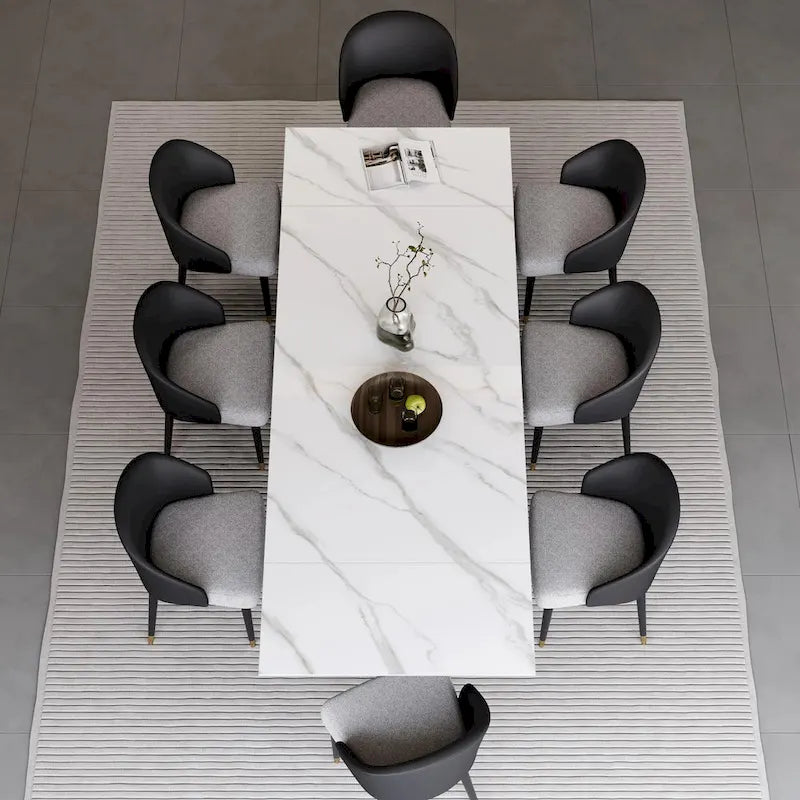 9 - Piece 94.48  Rectangular Extendable Sintered Stone Dining Table with 8 Faux leather Chairs Dining Set